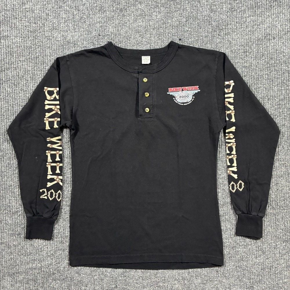 Vintage Daytona Bike Week Mens Henley Shirt Medium Skeleton Biker USA 2000 Y2k